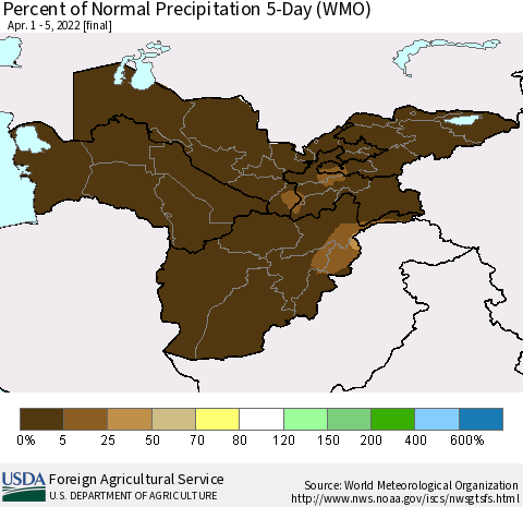 Central Asia Percent of Normal Precipitation 5-Day (WMO) Thematic Map For 4/1/2022 - 4/5/2022