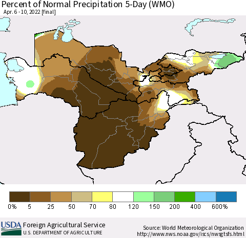 Central Asia Percent of Normal Precipitation 5-Day (WMO) Thematic Map For 4/6/2022 - 4/10/2022