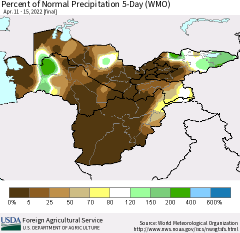 Central Asia Percent of Normal Precipitation 5-Day (WMO) Thematic Map For 4/11/2022 - 4/15/2022