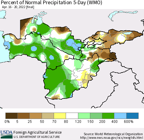 Central Asia Percent of Normal Precipitation 5-Day (WMO) Thematic Map For 4/16/2022 - 4/20/2022
