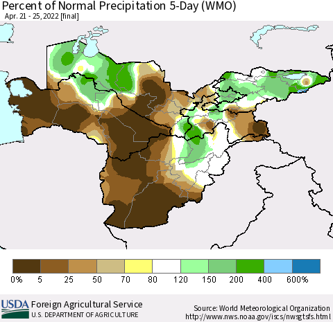 Central Asia Percent of Normal Precipitation 5-Day (WMO) Thematic Map For 4/21/2022 - 4/25/2022