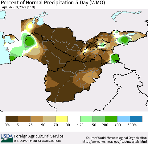 Central Asia Percent of Normal Precipitation 5-Day (WMO) Thematic Map For 4/26/2022 - 4/30/2022