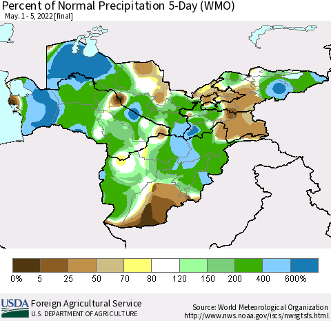 Central Asia Percent of Normal Precipitation 5-Day (WMO) Thematic Map For 5/1/2022 - 5/5/2022