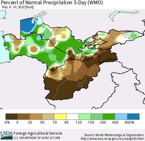 Central Asia Percent of Normal Precipitation 5-Day (WMO) Thematic Map For 5/6/2022 - 5/10/2022
