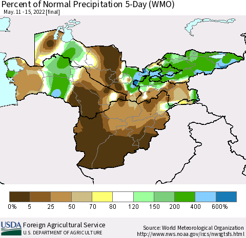 Central Asia Percent of Normal Precipitation 5-Day (WMO) Thematic Map For 5/11/2022 - 5/15/2022