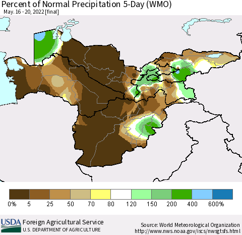 Central Asia Percent of Normal Precipitation 5-Day (WMO) Thematic Map For 5/16/2022 - 5/20/2022