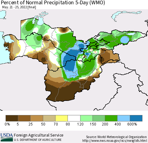 Central Asia Percent of Normal Precipitation 5-Day (WMO) Thematic Map For 5/21/2022 - 5/25/2022