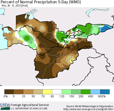 Central Asia Percent of Normal Precipitation 5-Day (WMO) Thematic Map For 5/26/2022 - 5/31/2022