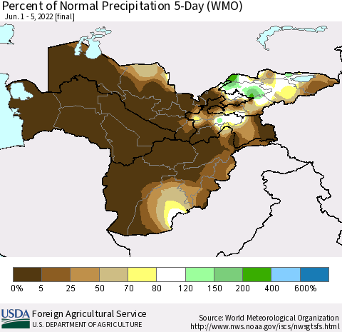 Central Asia Percent of Normal Precipitation 5-Day (WMO) Thematic Map For 6/1/2022 - 6/5/2022