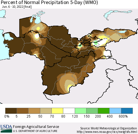 Central Asia Percent of Normal Precipitation 5-Day (WMO) Thematic Map For 6/6/2022 - 6/10/2022