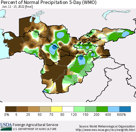 Central Asia Percent of Normal Precipitation 5-Day (WMO) Thematic Map For 6/11/2022 - 6/15/2022