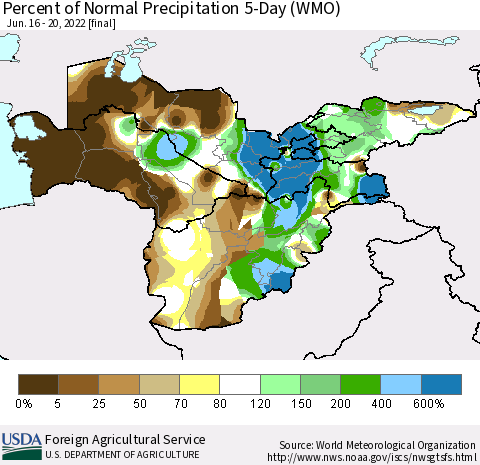 Central Asia Percent of Normal Precipitation 5-Day (WMO) Thematic Map For 6/16/2022 - 6/20/2022