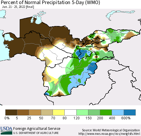Central Asia Percent of Normal Precipitation 5-Day (WMO) Thematic Map For 6/21/2022 - 6/25/2022