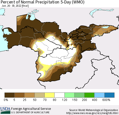 Central Asia Percent of Normal Precipitation 5-Day (WMO) Thematic Map For 6/26/2022 - 6/30/2022