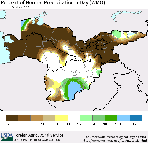 Central Asia Percent of Normal Precipitation 5-Day (WMO) Thematic Map For 7/1/2022 - 7/5/2022