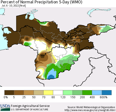 Central Asia Percent of Normal Precipitation 5-Day (WMO) Thematic Map For 7/6/2022 - 7/10/2022