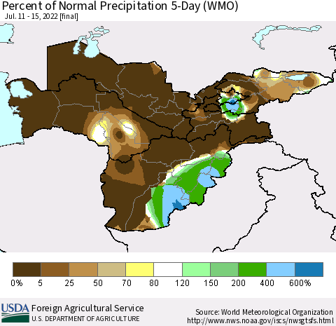 Central Asia Percent of Normal Precipitation 5-Day (WMO) Thematic Map For 7/11/2022 - 7/15/2022