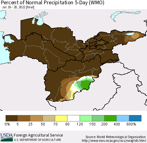 Central Asia Percent of Normal Precipitation 5-Day (WMO) Thematic Map For 7/16/2022 - 7/20/2022