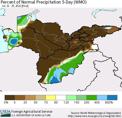 Central Asia Percent of Normal Precipitation 5-Day (WMO) Thematic Map For 7/21/2022 - 7/25/2022