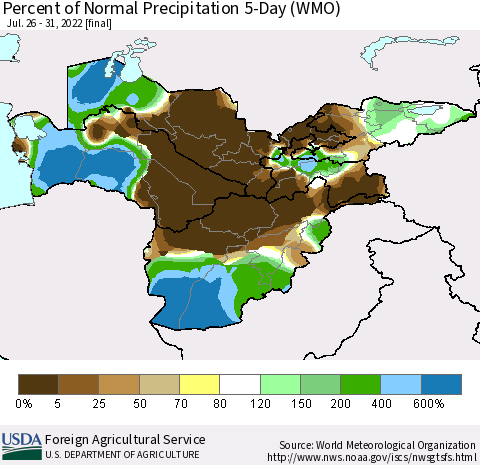 Central Asia Percent of Normal Precipitation 5-Day (WMO) Thematic Map For 7/26/2022 - 7/31/2022