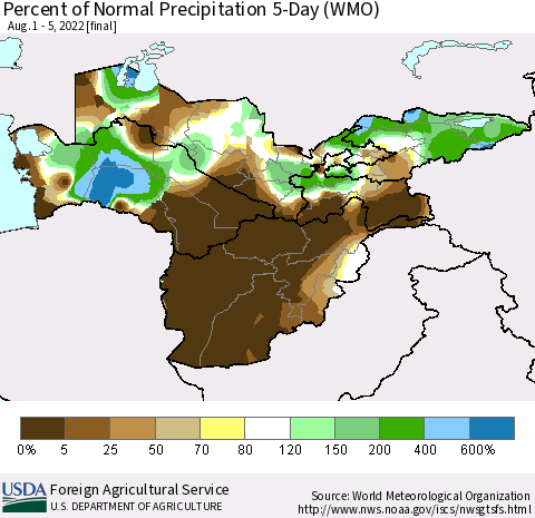 Central Asia Percent of Normal Precipitation 5-Day (WMO) Thematic Map For 8/1/2022 - 8/5/2022