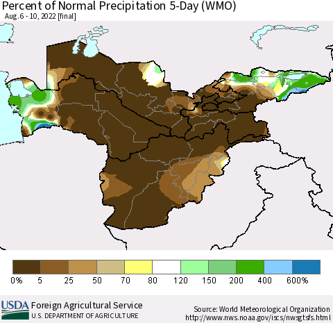 Central Asia Percent of Normal Precipitation 5-Day (WMO) Thematic Map For 8/6/2022 - 8/10/2022