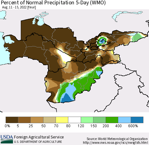 Central Asia Percent of Normal Precipitation 5-Day (WMO) Thematic Map For 8/11/2022 - 8/15/2022