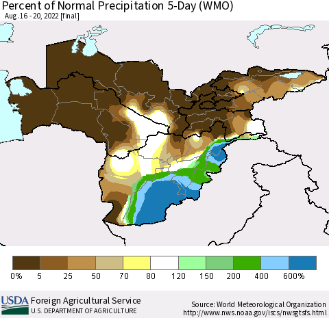 Central Asia Percent of Normal Precipitation 5-Day (WMO) Thematic Map For 8/16/2022 - 8/20/2022