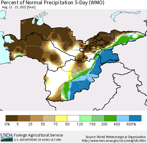Central Asia Percent of Normal Precipitation 5-Day (WMO) Thematic Map For 8/21/2022 - 8/25/2022