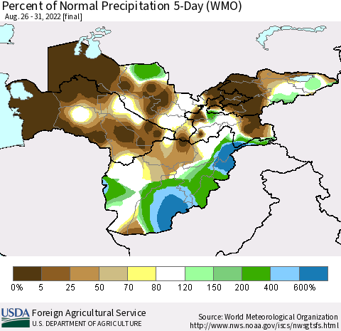 Central Asia Percent of Normal Precipitation 5-Day (WMO) Thematic Map For 8/26/2022 - 8/31/2022