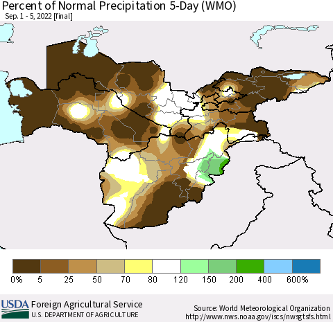 Central Asia Percent of Normal Precipitation 5-Day (WMO) Thematic Map For 9/1/2022 - 9/5/2022