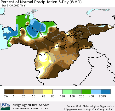 Central Asia Percent of Normal Precipitation 5-Day (WMO) Thematic Map For 9/6/2022 - 9/10/2022