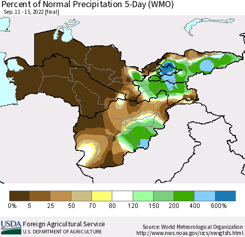 Central Asia Percent of Normal Precipitation 5-Day (WMO) Thematic Map For 9/11/2022 - 9/15/2022