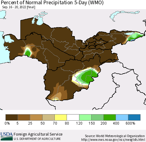 Central Asia Percent of Normal Precipitation 5-Day (WMO) Thematic Map For 9/16/2022 - 9/20/2022