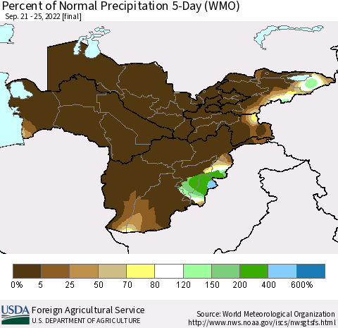 Central Asia Percent of Normal Precipitation 5-Day (WMO) Thematic Map For 9/21/2022 - 9/25/2022