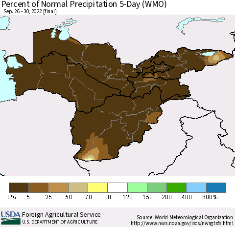 Central Asia Percent of Normal Precipitation 5-Day (WMO) Thematic Map For 9/26/2022 - 9/30/2022