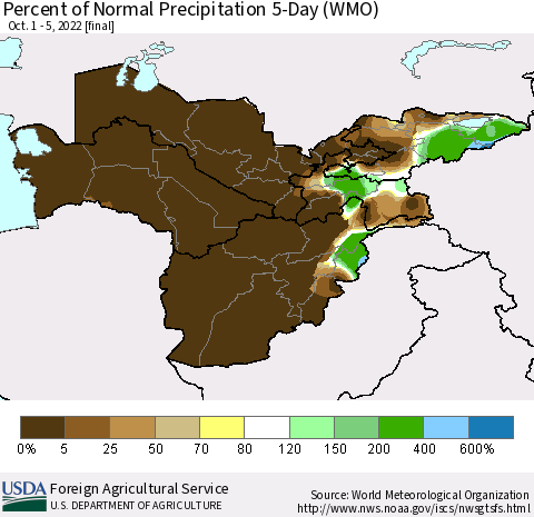 Central Asia Percent of Normal Precipitation 5-Day (WMO) Thematic Map For 10/1/2022 - 10/5/2022