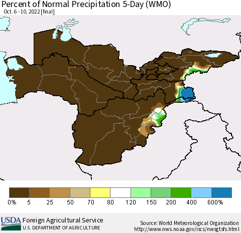 Central Asia Percent of Normal Precipitation 5-Day (WMO) Thematic Map For 10/6/2022 - 10/10/2022