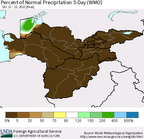 Central Asia Percent of Normal Precipitation 5-Day (WMO) Thematic Map For 10/11/2022 - 10/15/2022