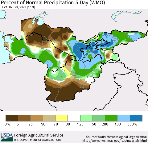 Central Asia Percent of Normal Precipitation 5-Day (WMO) Thematic Map For 10/16/2022 - 10/20/2022