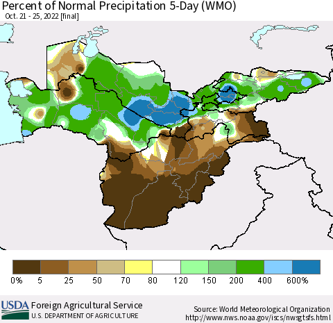 Central Asia Percent of Normal Precipitation 5-Day (WMO) Thematic Map For 10/21/2022 - 10/25/2022