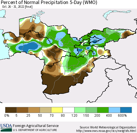 Central Asia Percent of Normal Precipitation 5-Day (WMO) Thematic Map For 10/26/2022 - 10/31/2022
