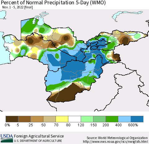 Central Asia Percent of Normal Precipitation 5-Day (WMO) Thematic Map For 11/1/2022 - 11/5/2022