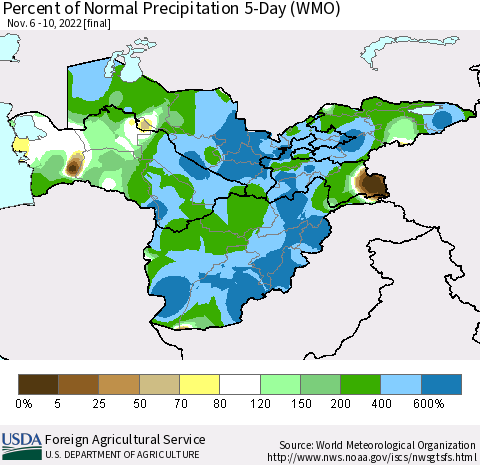 Central Asia Percent of Normal Precipitation 5-Day (WMO) Thematic Map For 11/6/2022 - 11/10/2022