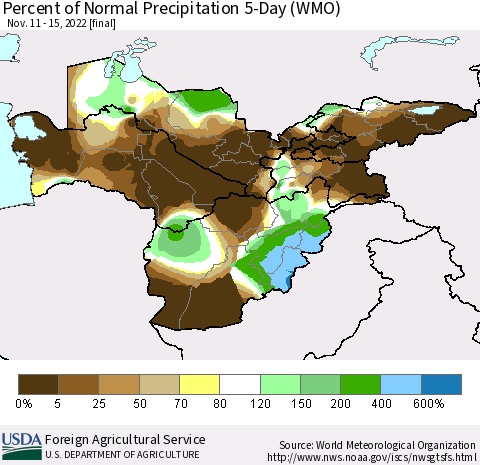 Central Asia Percent of Normal Precipitation 5-Day (WMO) Thematic Map For 11/11/2022 - 11/15/2022