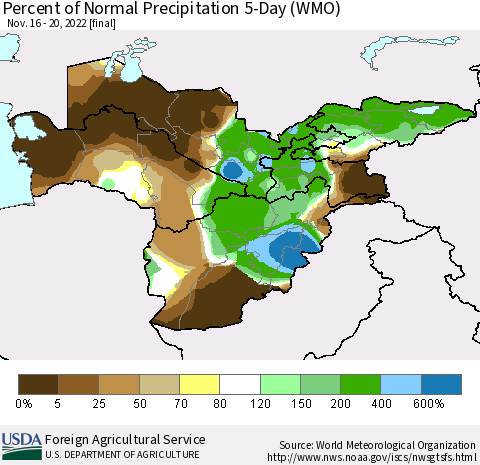 Central Asia Percent of Normal Precipitation 5-Day (WMO) Thematic Map For 11/16/2022 - 11/20/2022