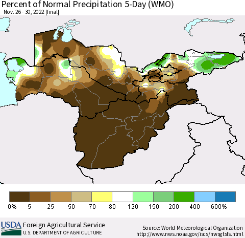 Central Asia Percent of Normal Precipitation 5-Day (WMO) Thematic Map For 11/26/2022 - 11/30/2022