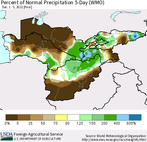 Central Asia Percent of Normal Precipitation 5-Day (WMO) Thematic Map For 12/1/2022 - 12/5/2022