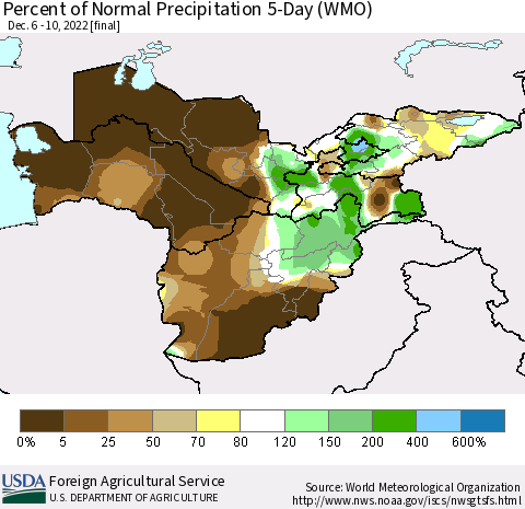 Central Asia Percent of Normal Precipitation 5-Day (WMO) Thematic Map For 12/6/2022 - 12/10/2022