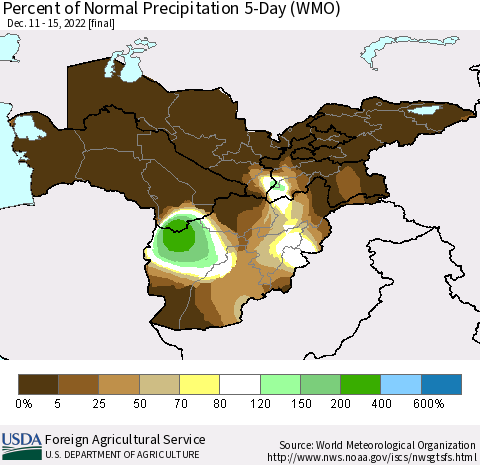 Central Asia Percent of Normal Precipitation 5-Day (WMO) Thematic Map For 12/11/2022 - 12/15/2022